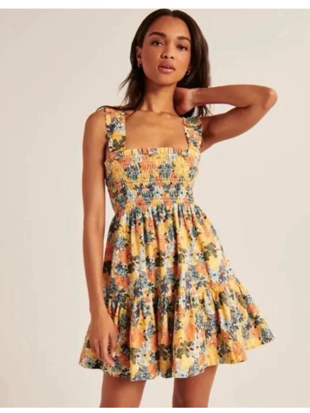 Smocked Square-Neck Yellow Floral Sundress